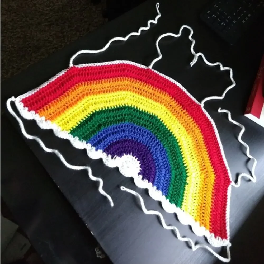 Large Rainbow Halter Top crochet handmade tie at neck and two around chest crop - Picture 6 of 10